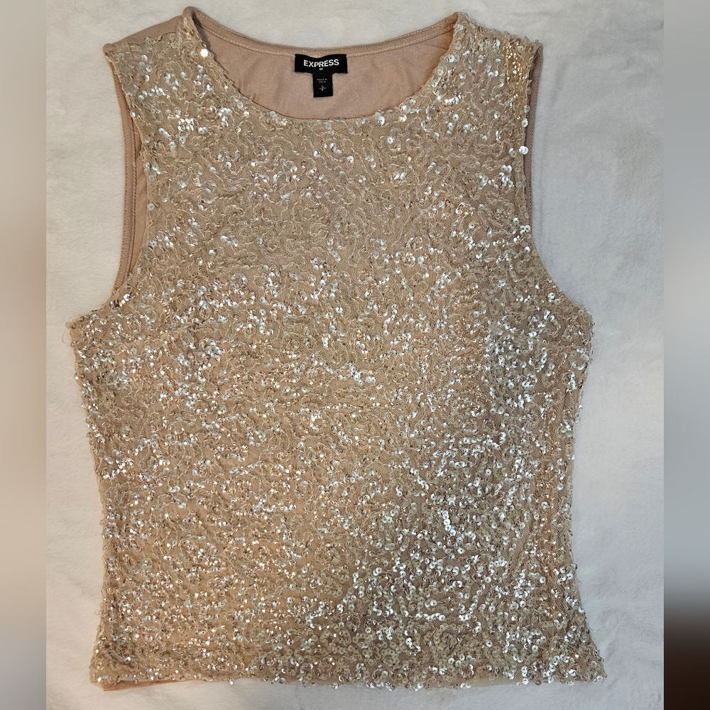 Express Women Sparkly Sequin Light Blush Tank Top